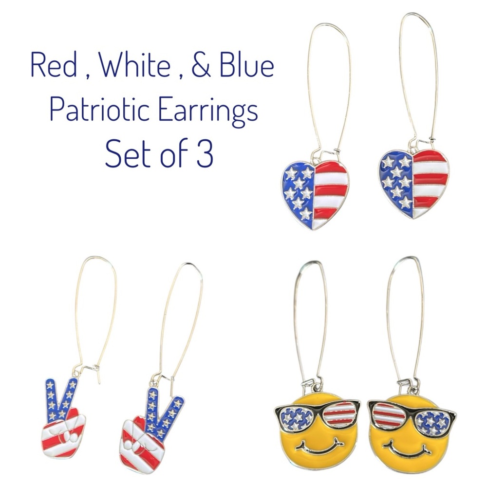 Patriotic Hearts Smiley Face & Peace Dangle Earrings Kidney style hoop New 3 set